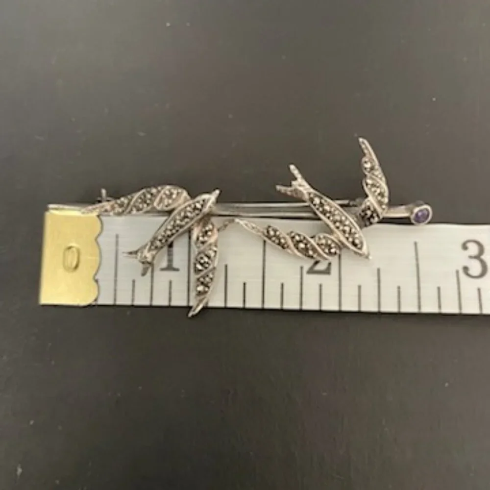 Vtg Sterling Silver‎ Marcasite Pave Birds Pin Brooch Purple Gemstone Marked 925